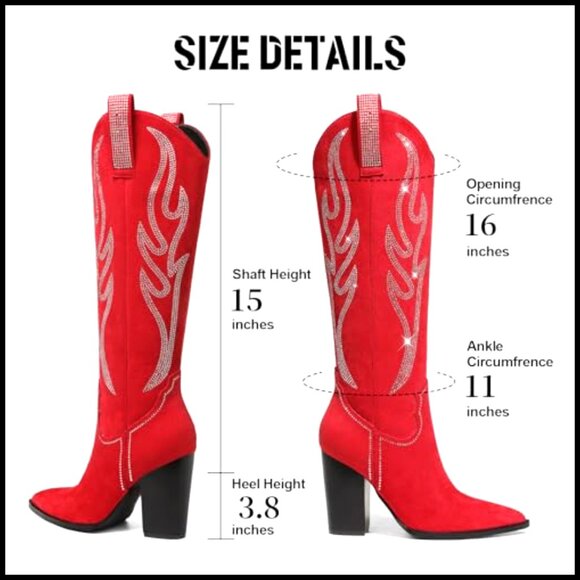 Knee High Cowboy Boots Suede Rhinestone Embroidered Western Chunky Heel - Picture 5 of 5